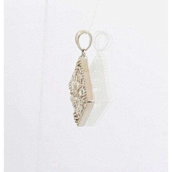 Brand New Sterling Silver 925 Filigree Floral Design Pendant w/ White Crystals, - Picture 5 of 10